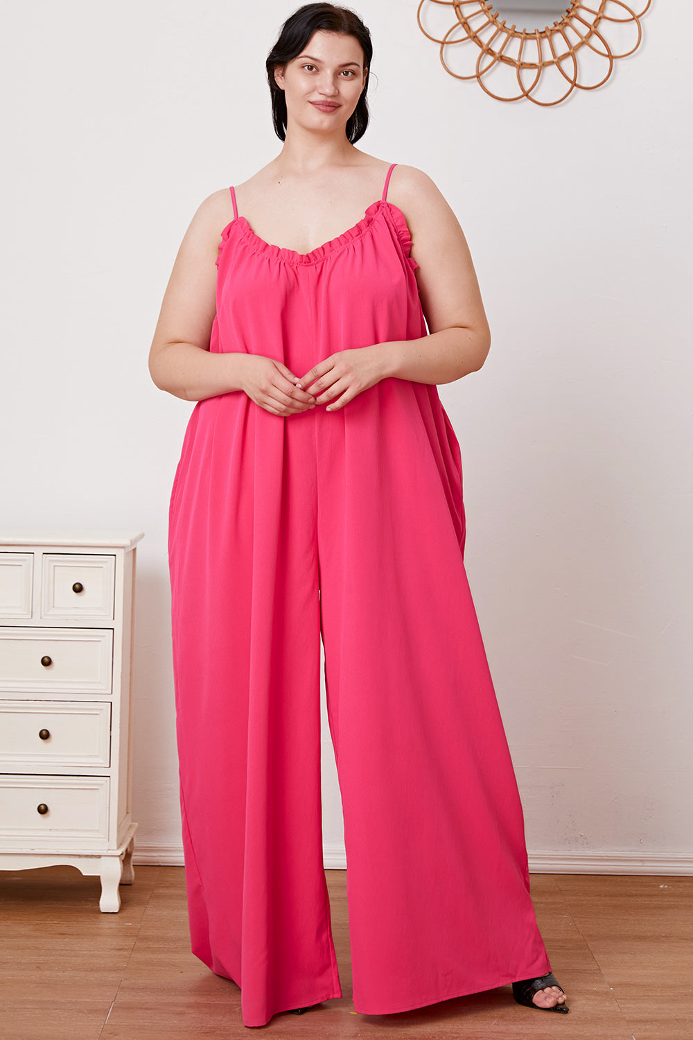 Double take full size ruffle trim tie back cami jumpsuit with pockets