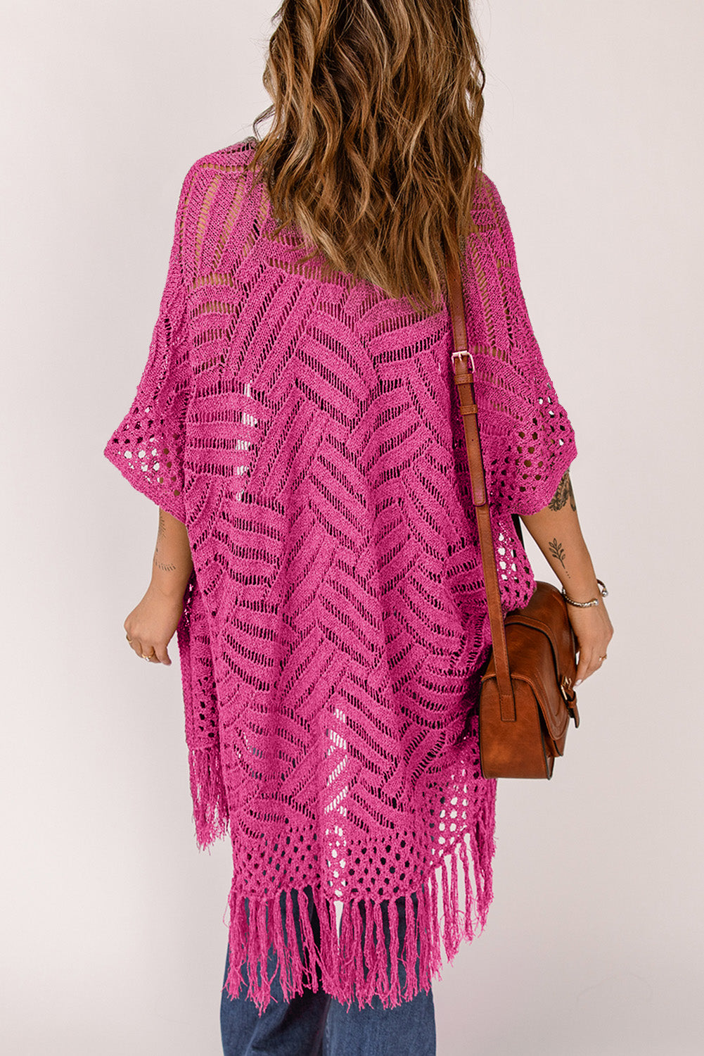 Openwork open front cardigan with fringes