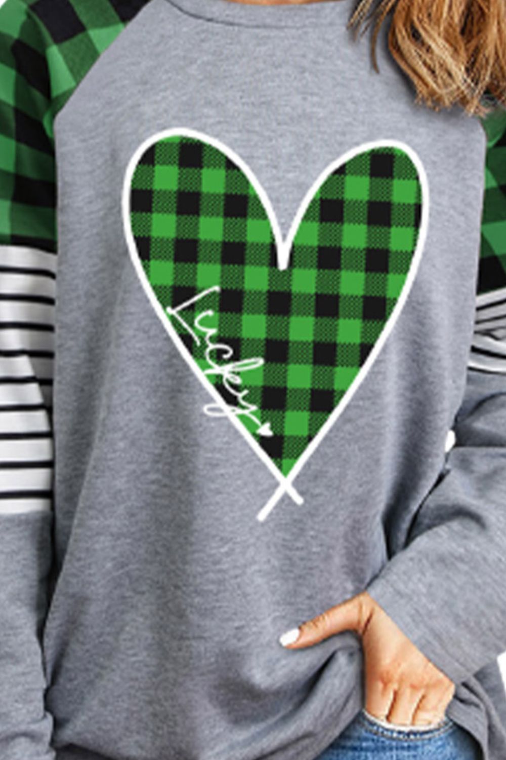 Plaid heart raglan sleeve sweatshirt