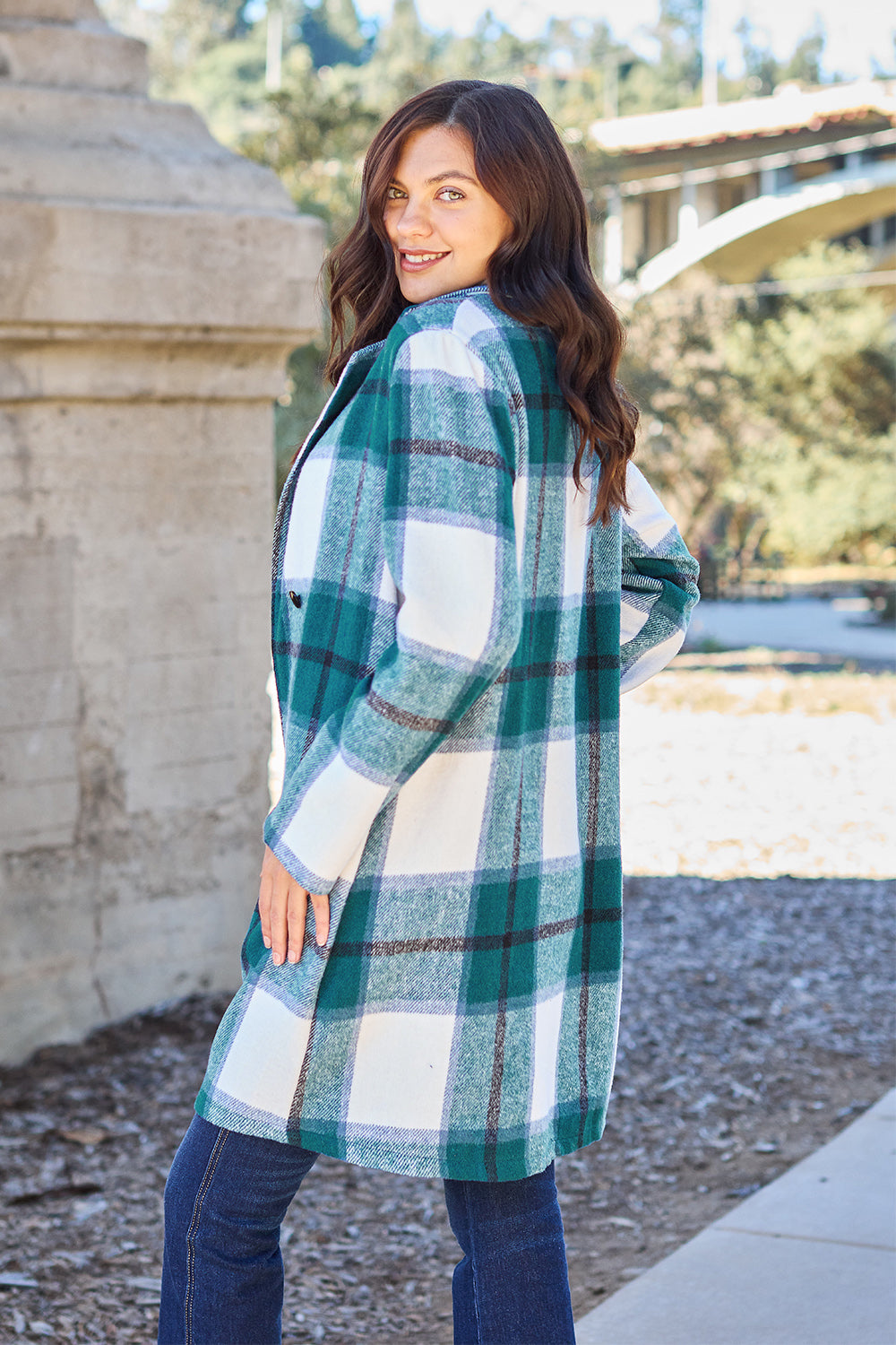 Double take full size plaid button up lapel collar coat