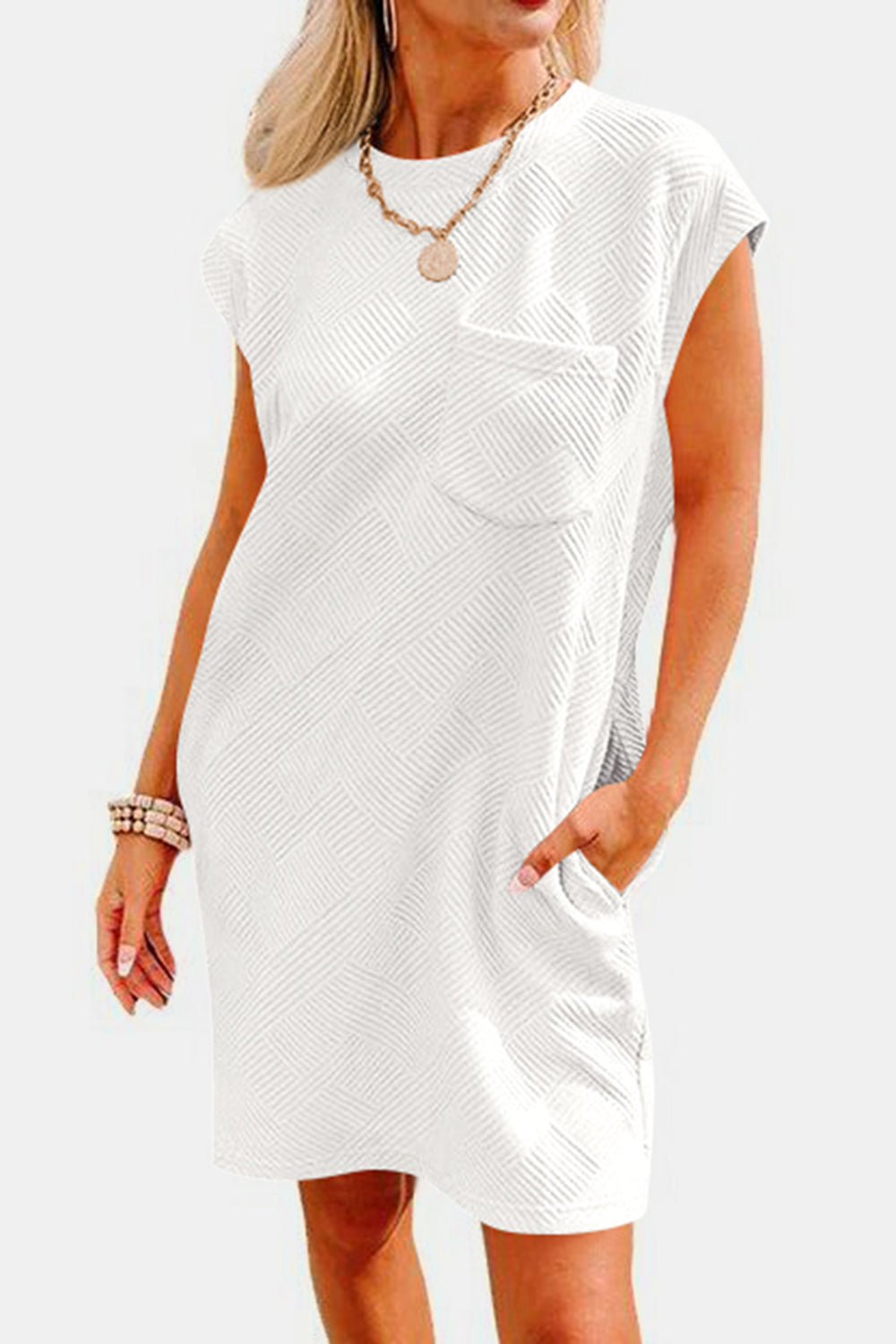 Textured round neck cap sleeve dress