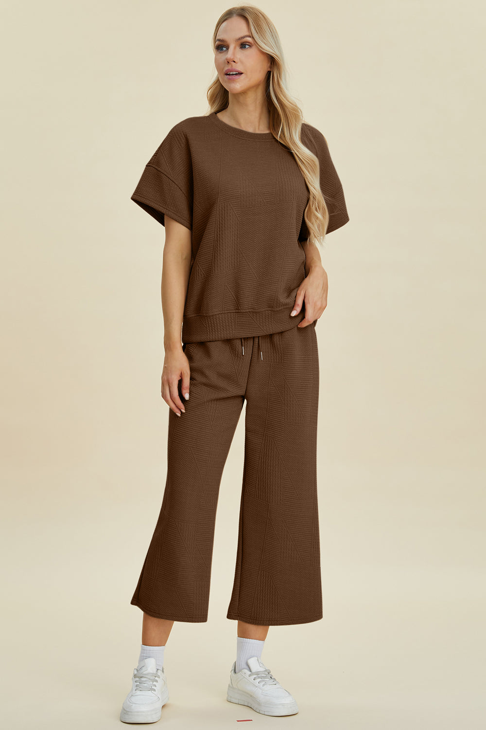 Double take full size texture round neck top and pants set