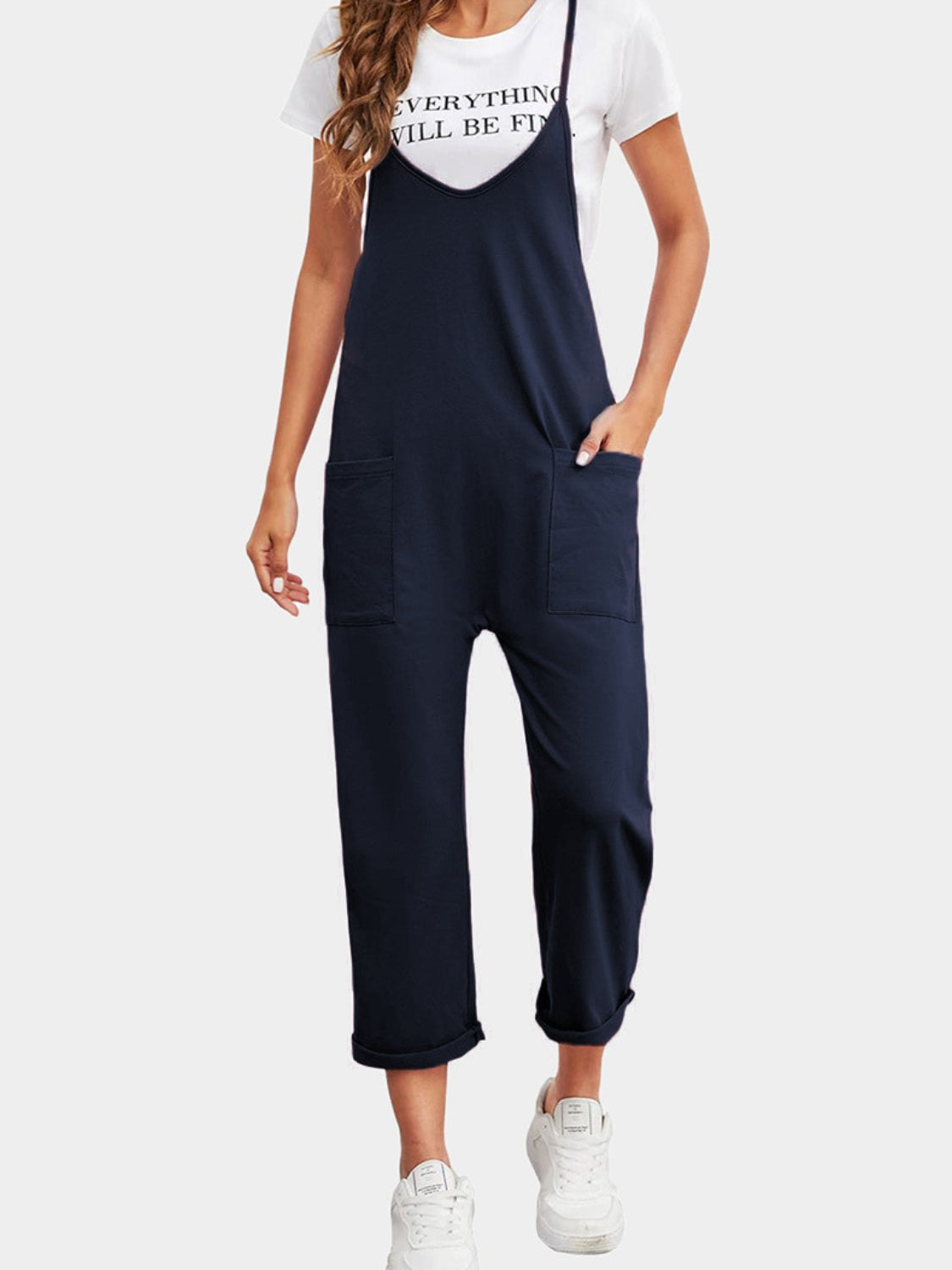 Full size spaghetti strap straight leg jumpsuit with pockets - dark blue / s