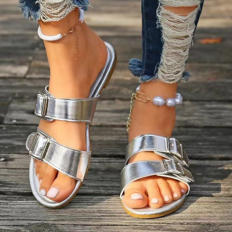 Open toe double buckle sandals - silver / 36(us5)