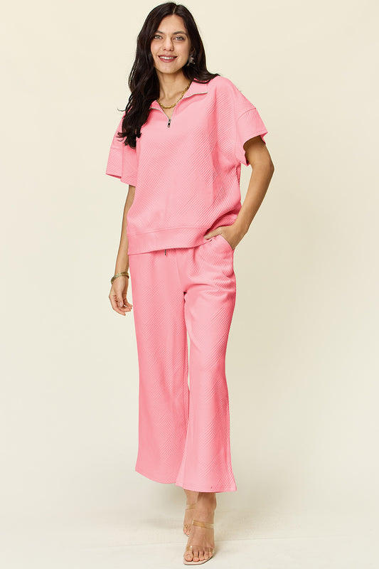 Double take full size texture half zip short sleeve top and pants set - pink / s