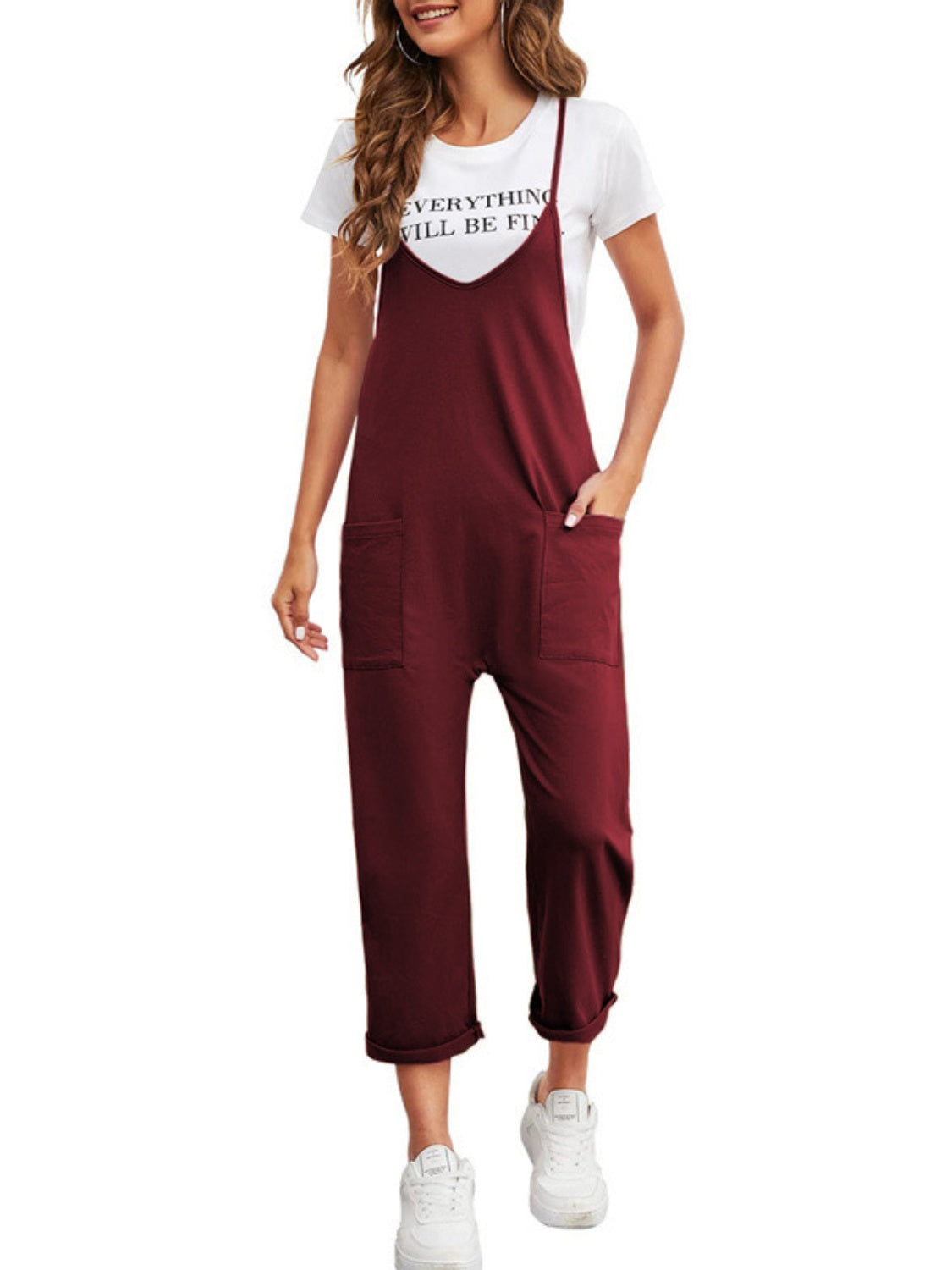 Full size spaghetti strap straight leg jumpsuit with pockets - deep red / s