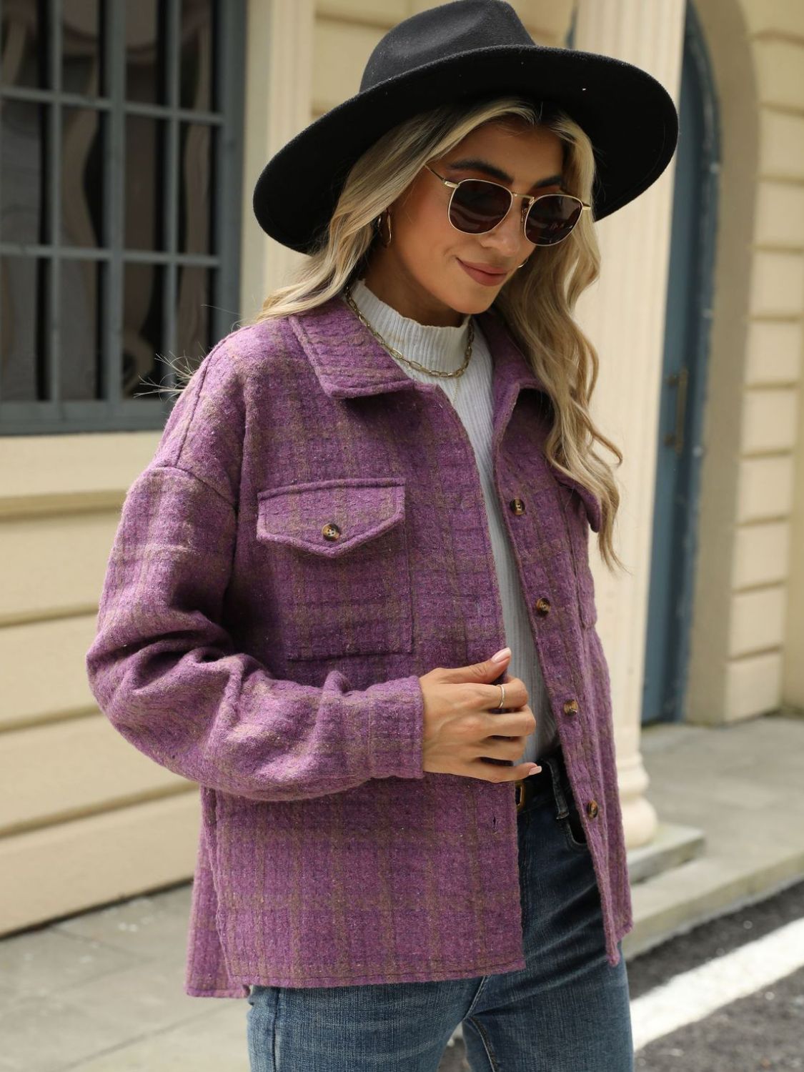 Plaid collared neck long sleeve jacket