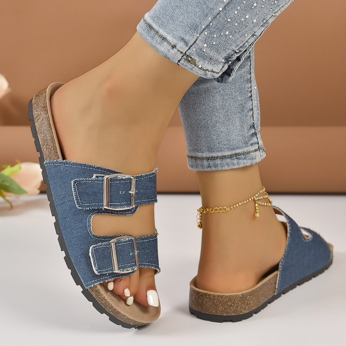 Open toe double buckle sandals