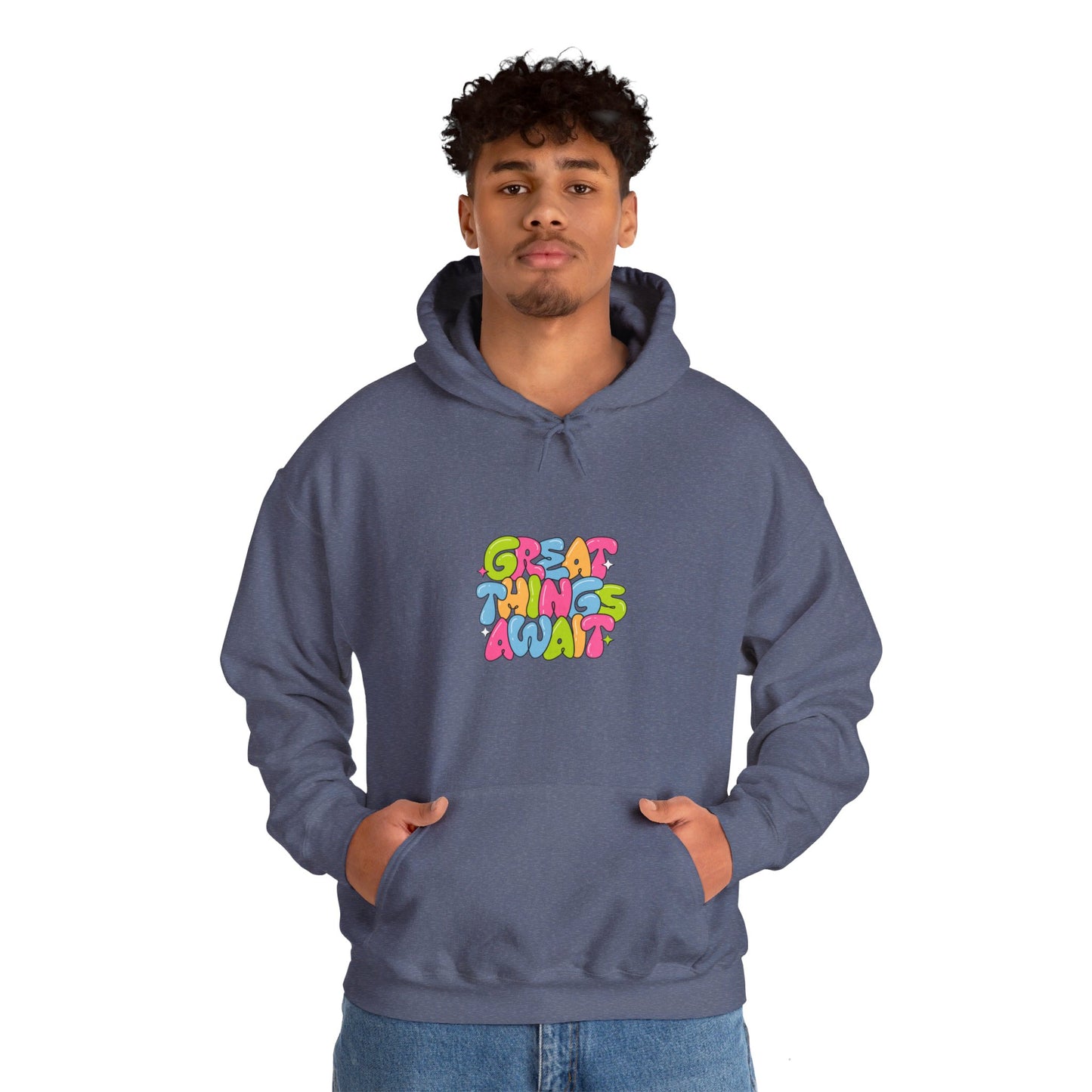 Kay chimba great things await unisex heavy blend™ hooded sweatshirt - heather navy / s - hoodie