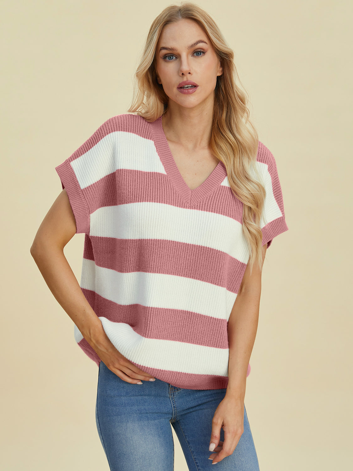 Double take full size striped v-neck short sleeve sweater