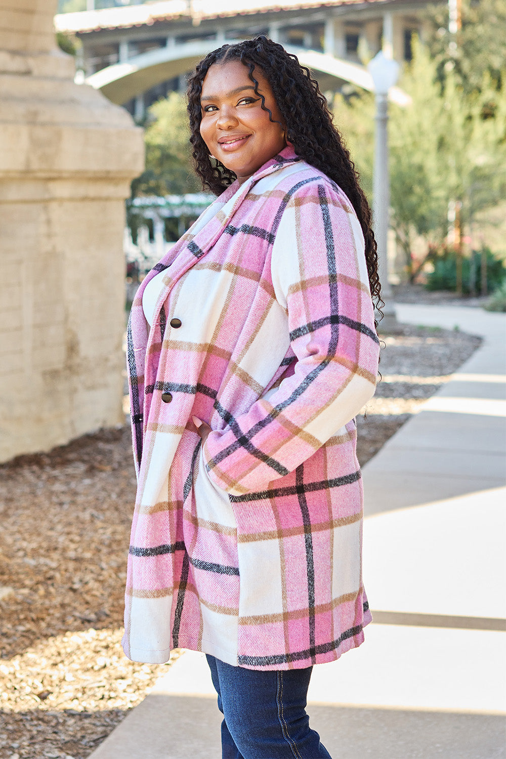 Double take full size plaid button up lapel collar coat