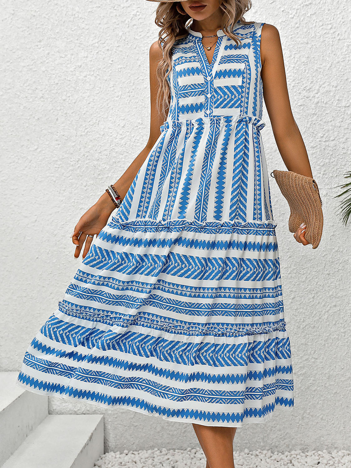 Frill printed notched sleeveless dress