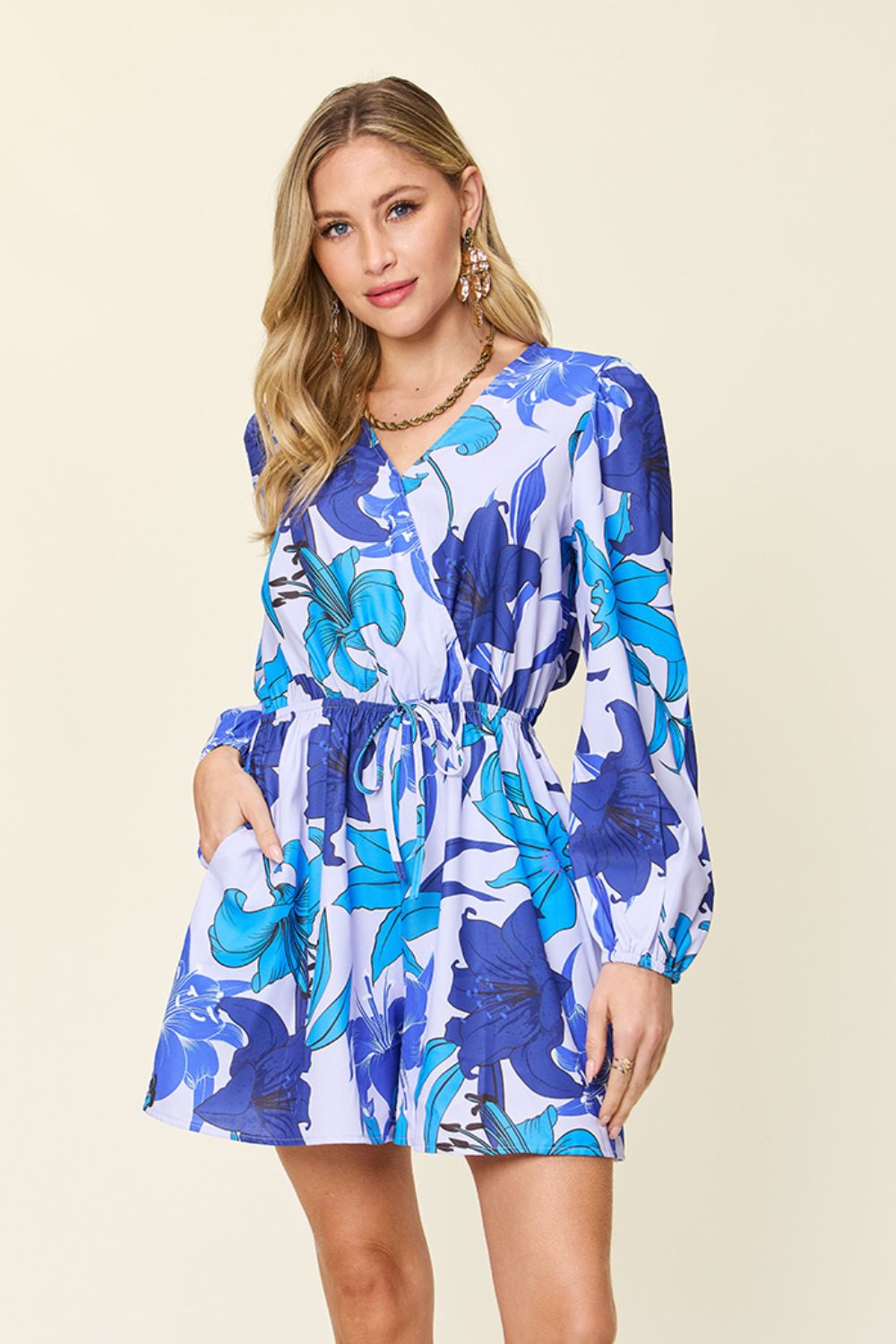 Double take full size floral long sleeve romper with pockets - blue / s