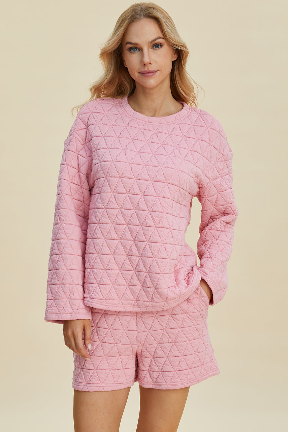 Double take full size texture round neck long sleeve top and shorts set - pink / s