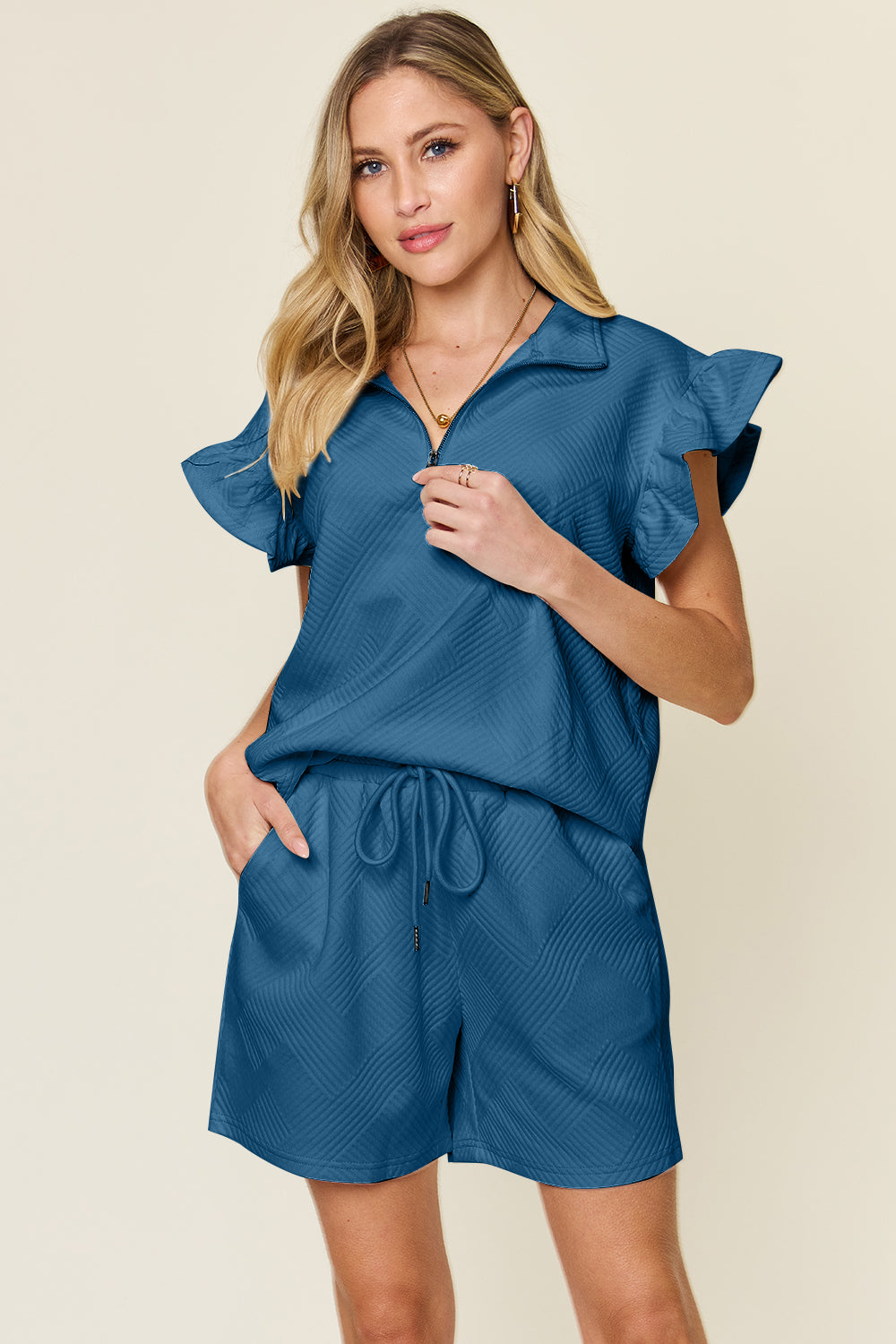 Double take full size texture flounce sleeve top and drawstring shorts set - deep teal / s