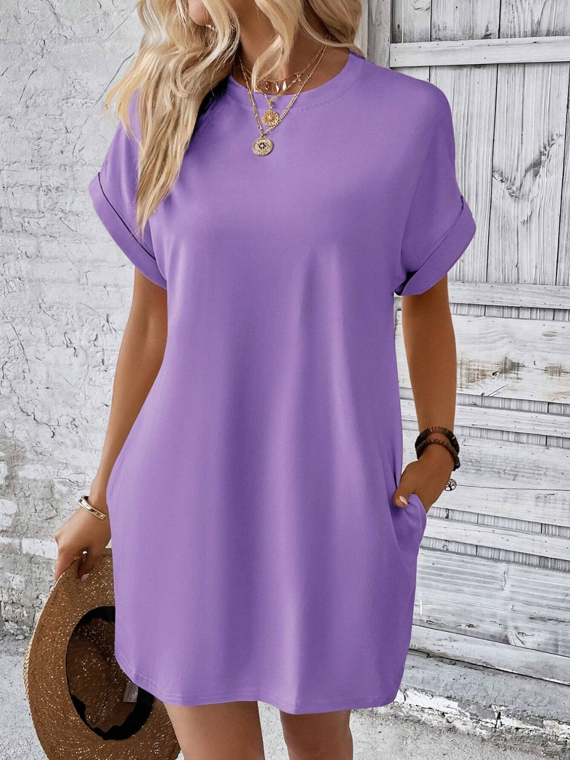 Round neck short sleeve mini dress - lavender / s