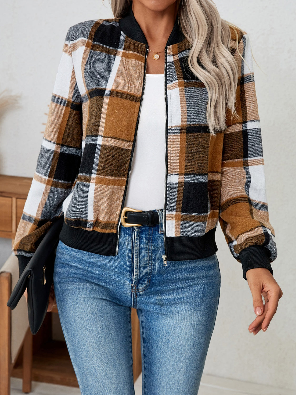 Plaid zip up long sleeve jacket