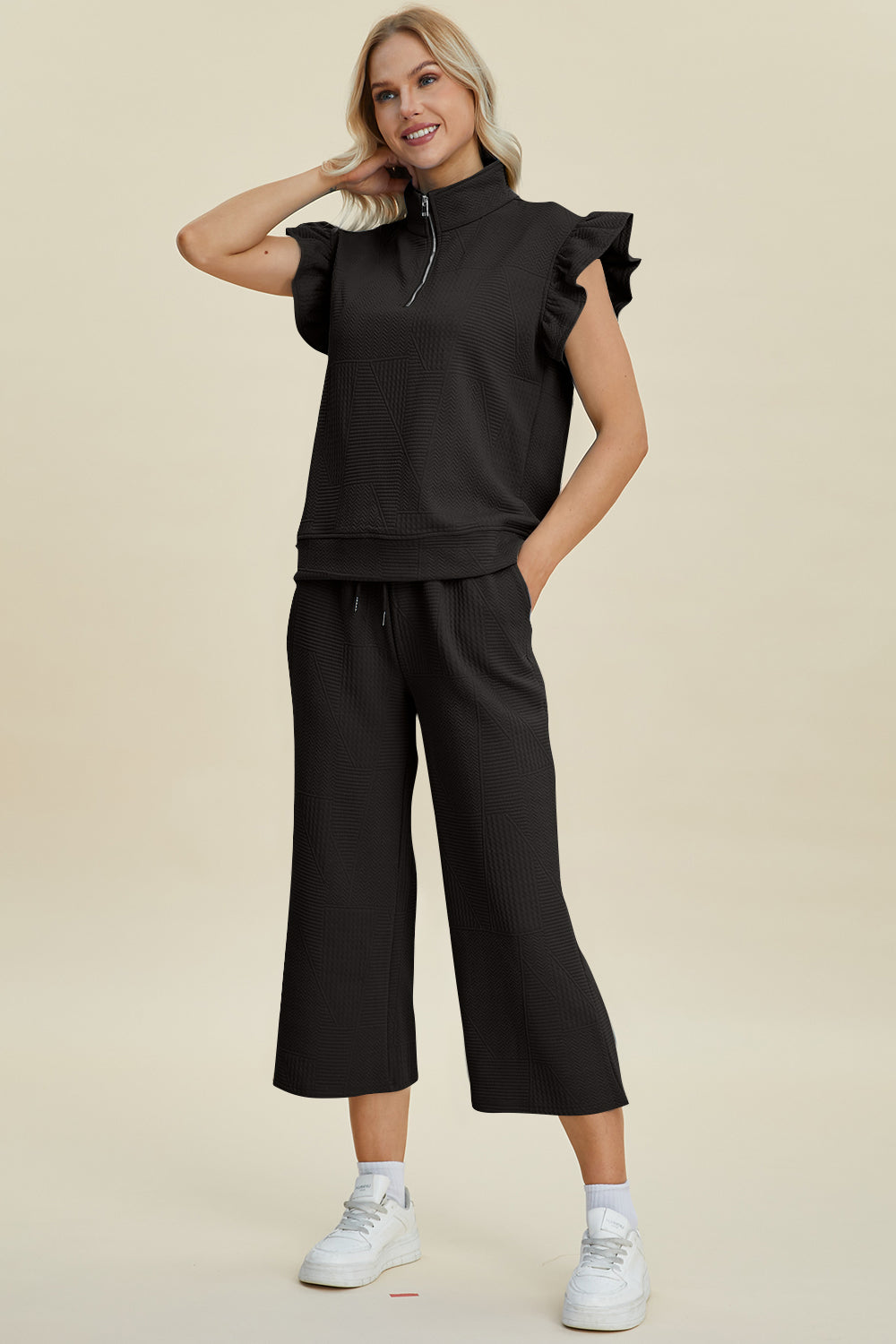 Double take full size texture ruffle short sleeve top and wide leg pants set