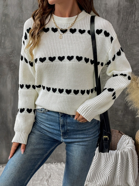 Perfee heart round neck long sleeve sweater - cream / s