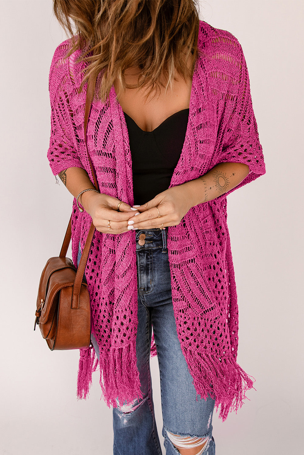 Openwork open front cardigan with fringes