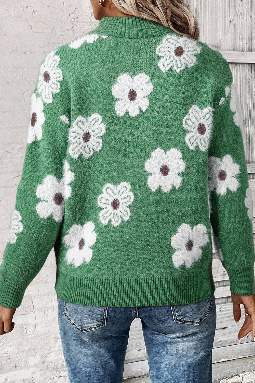 Flower half zip long sleeve sweater