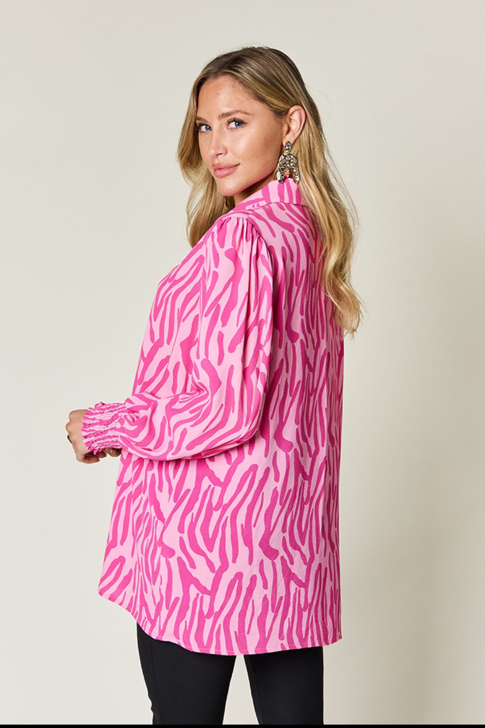 Double take full size printed smocked long sleeve blouse