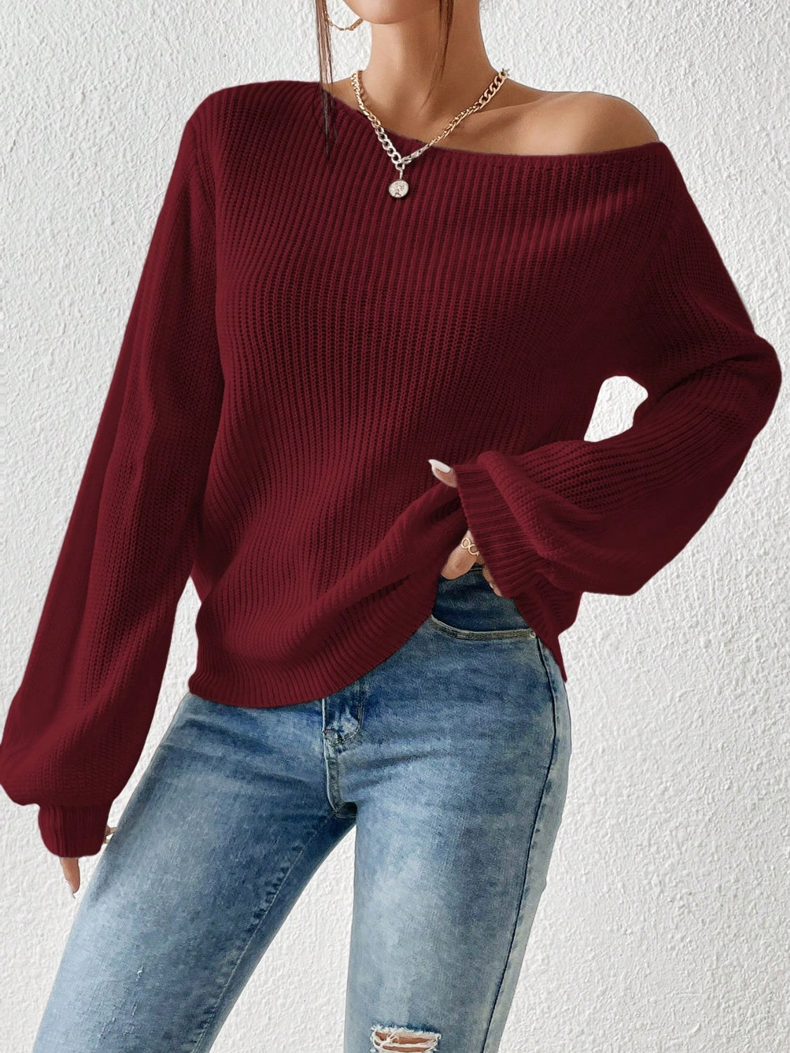 Honey single shoulder long sleeve sweater - burgundy / s