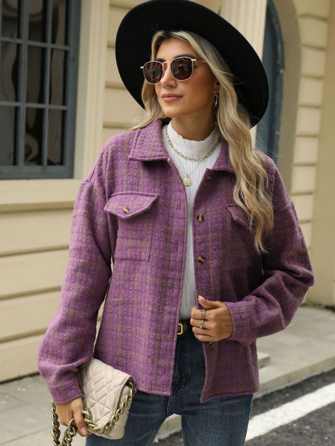 Plaid collared neck long sleeve jacket