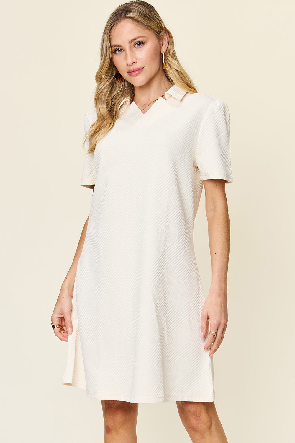 Double take full size texture collared neck short sleeve dress - white / s