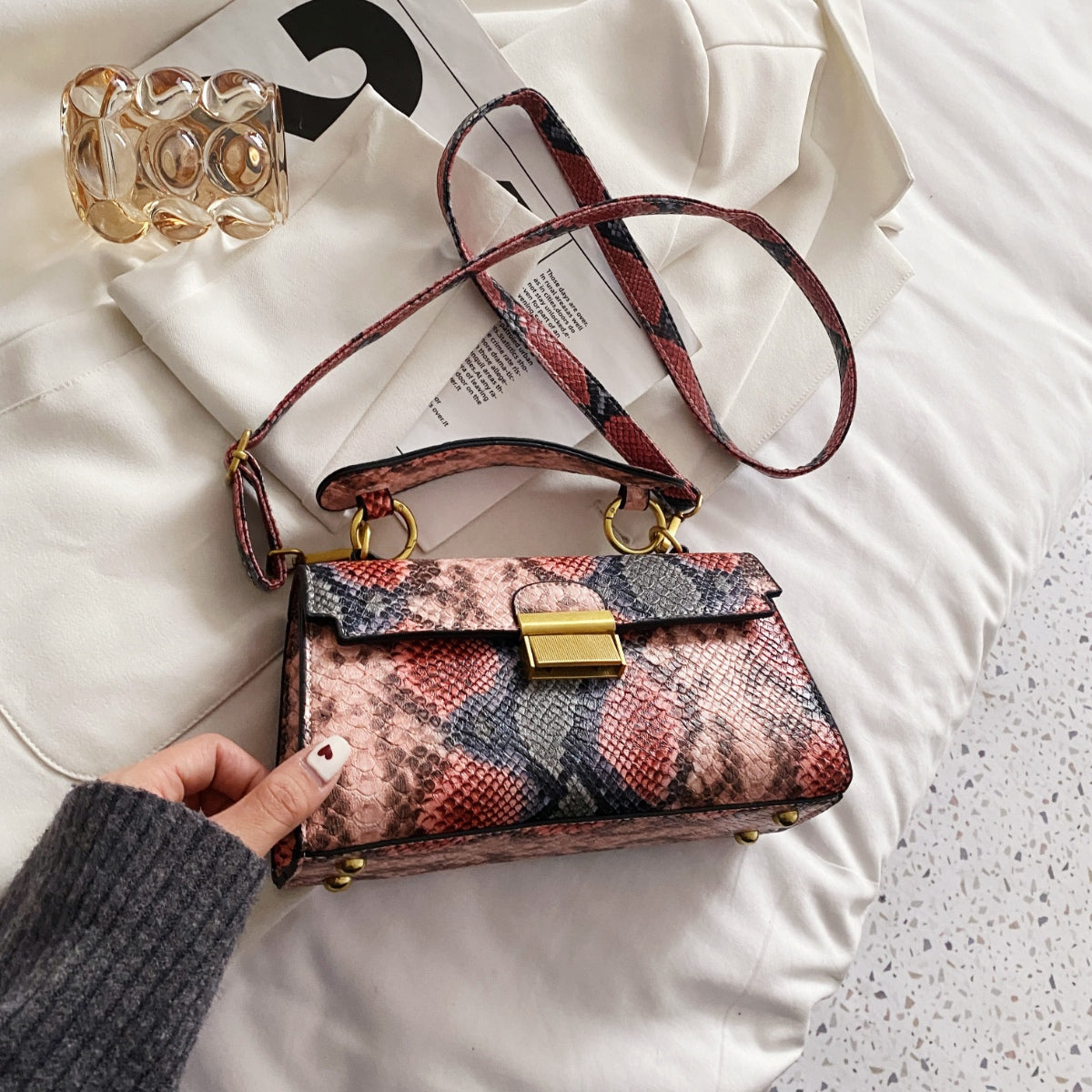 Pu leather snakeskin print crossbody bag