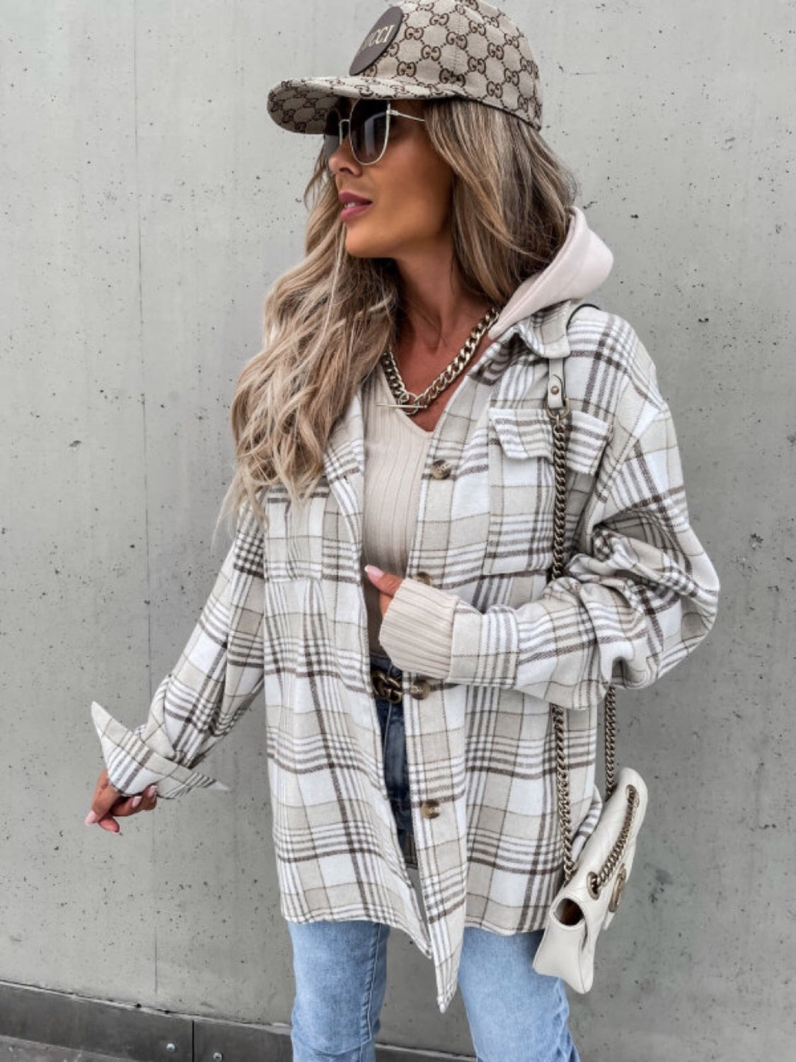 Plaid dropped shoulder hooded jacket