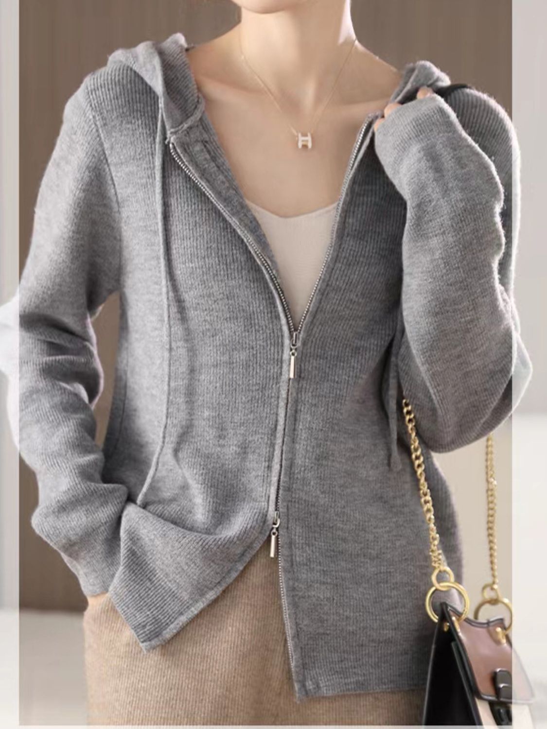 Drawstring zip up long sleeve hooded sweater