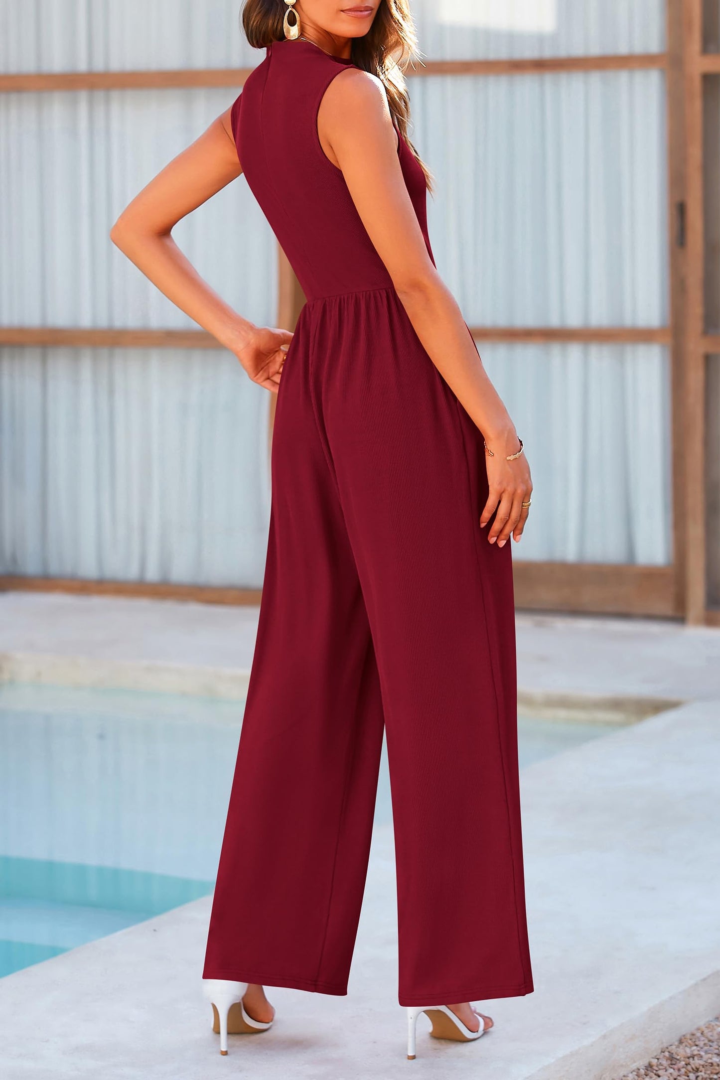 Mock neck sleeveless wide leg jumpsuit - burgundy / m