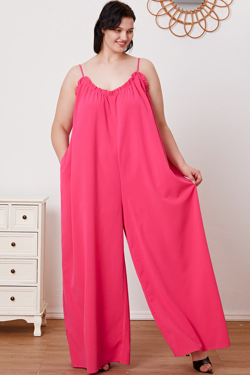 Double take full size ruffle trim tie back cami jumpsuit with pockets