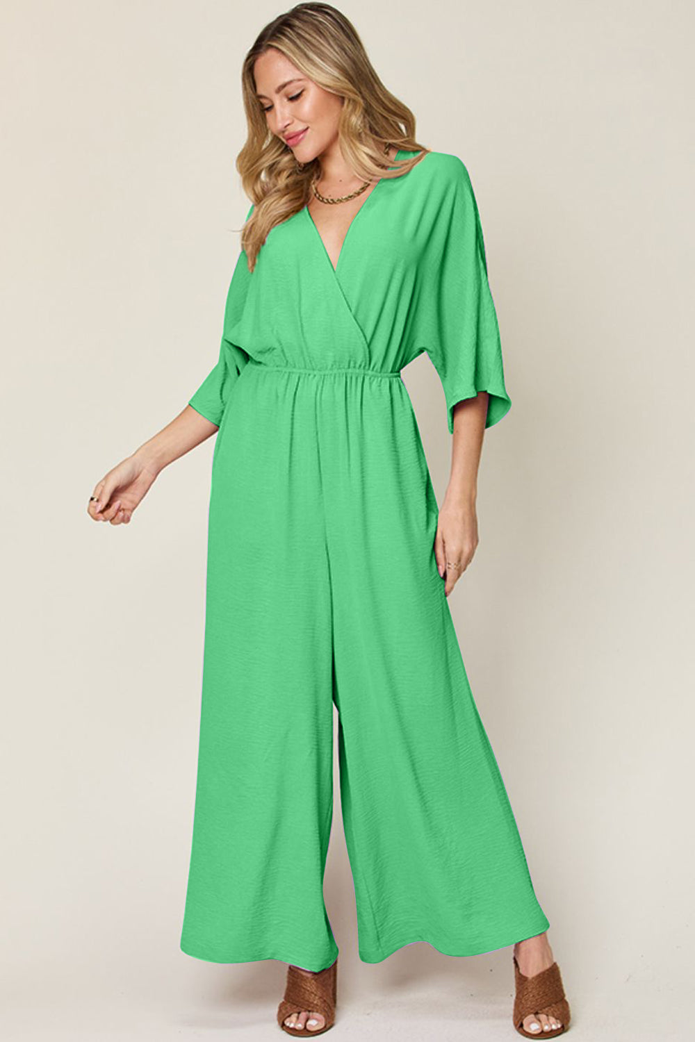 Double take full size surplice wide leg jumpsuit with pockets