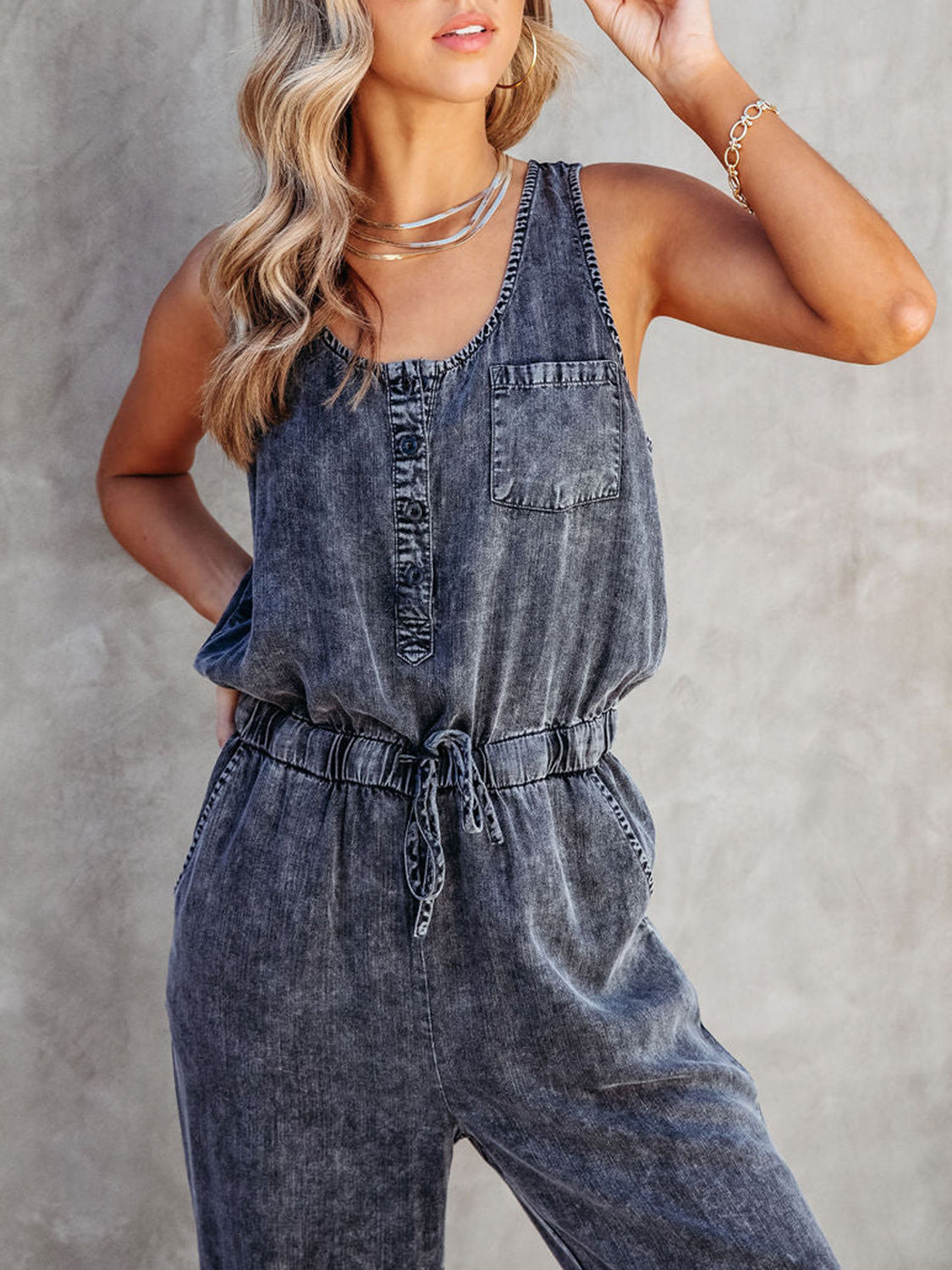 Drawstring waist sleeveless jumpsuit