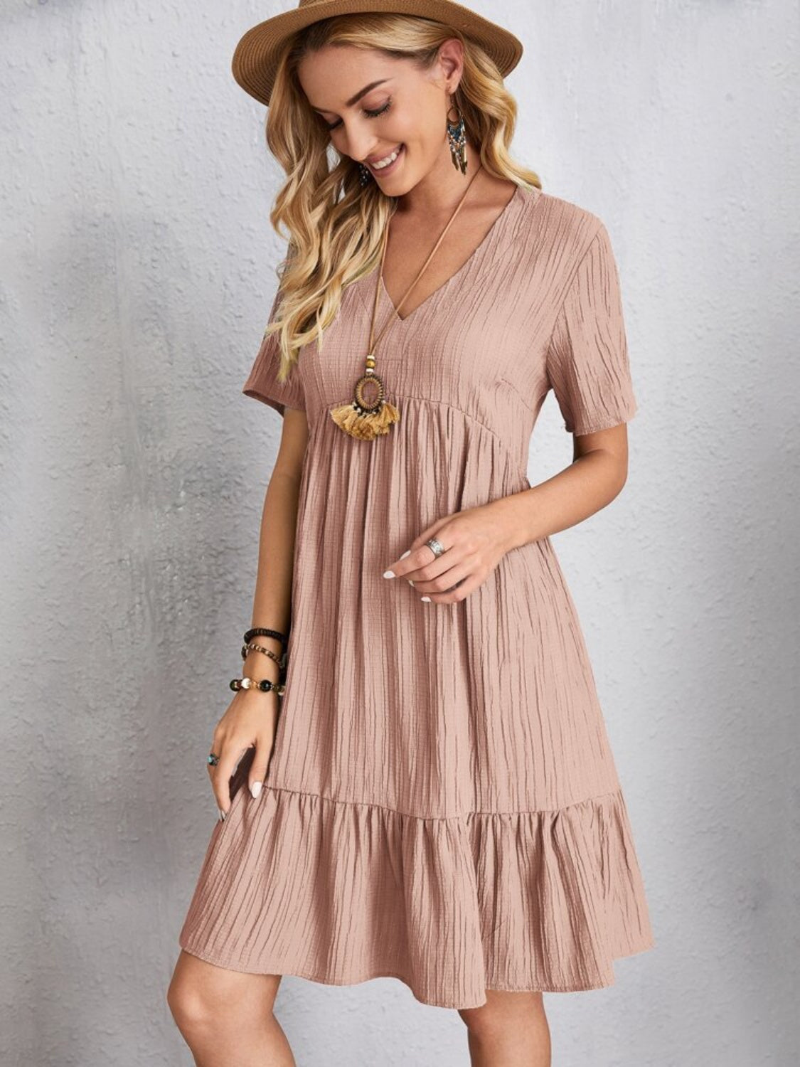 Full size v-neck short sleeve dress