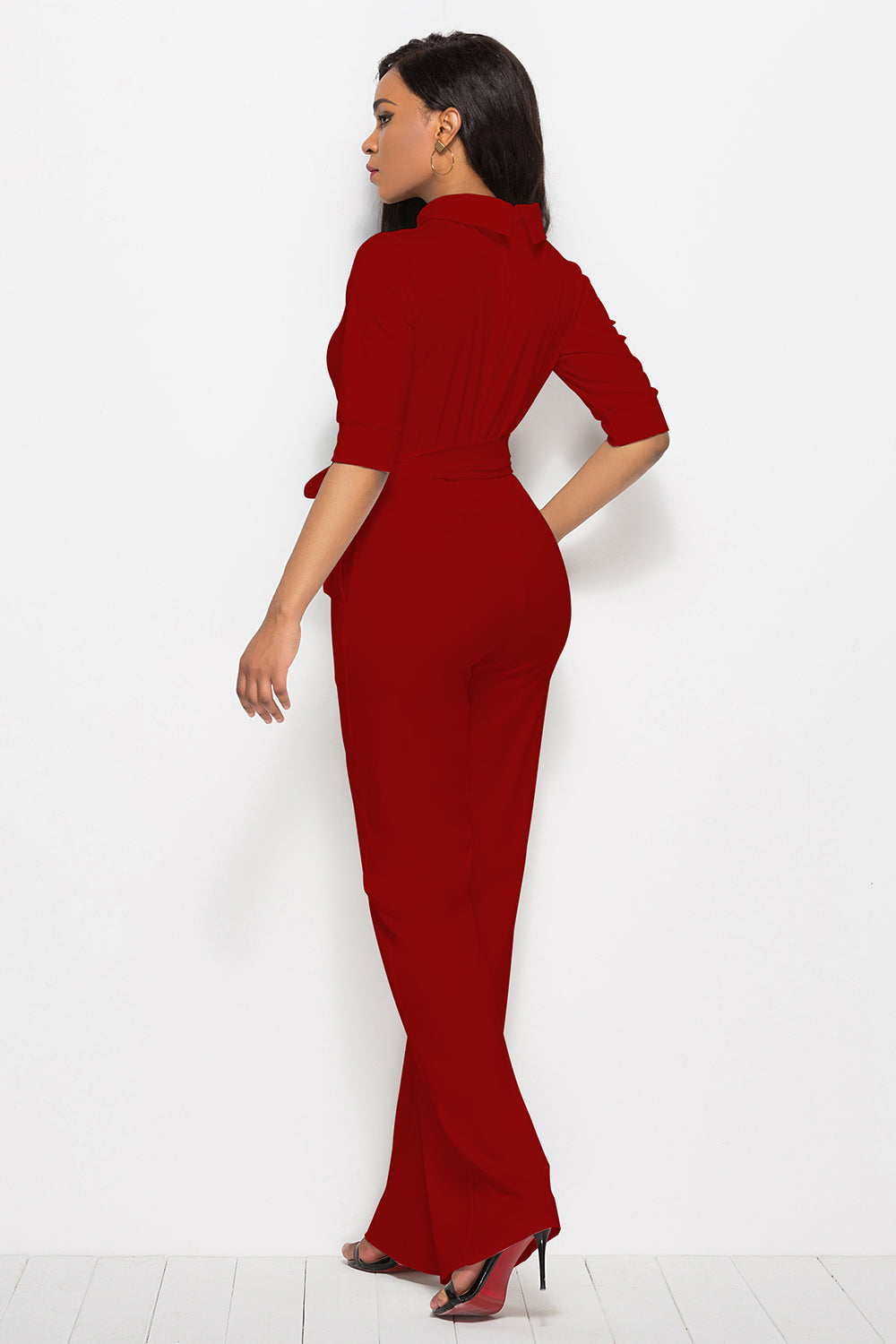 Mock neck tie-waist half sleeve jumpsuit