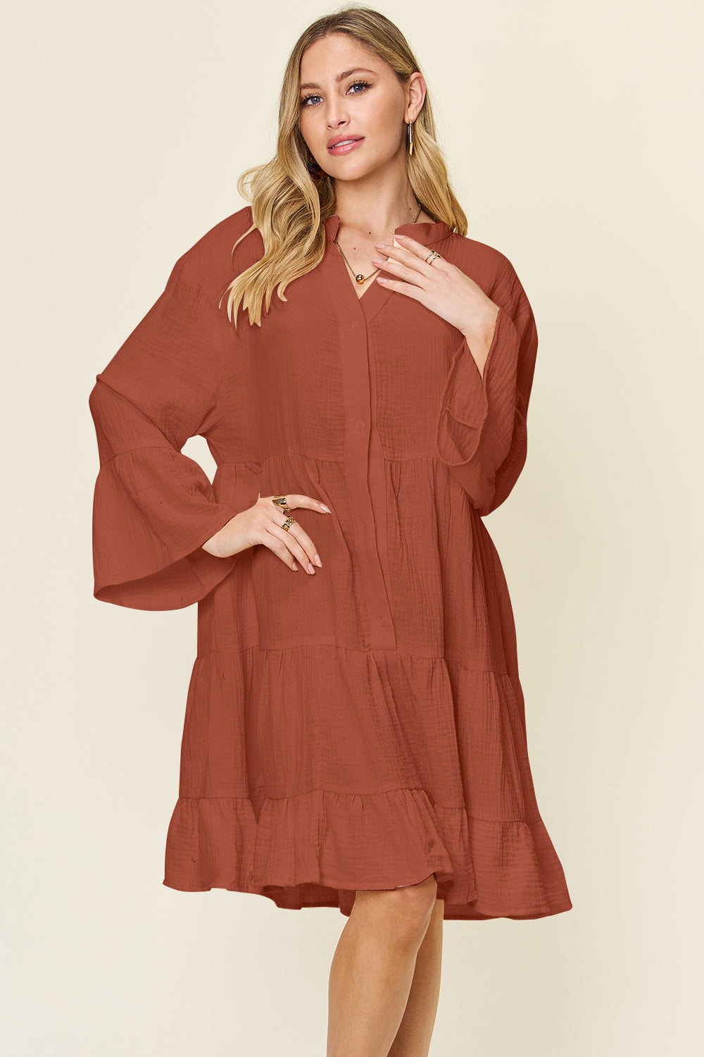 Double take full size texture button up ruffle hem dress - rust / s