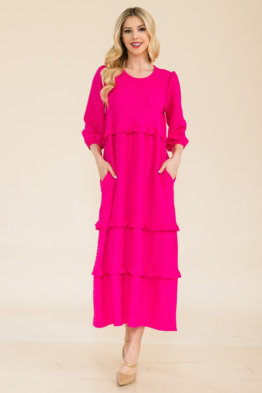 Celeste full size tiered-ruffle midi dress - fuchsia / s