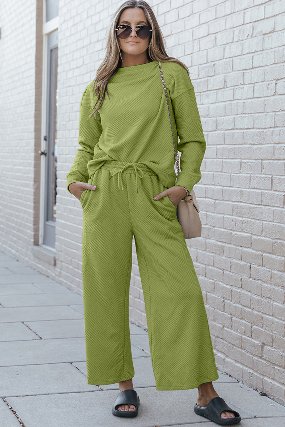 Double take full size textured long sleeve top and drawstring pants set - yellow-green / s