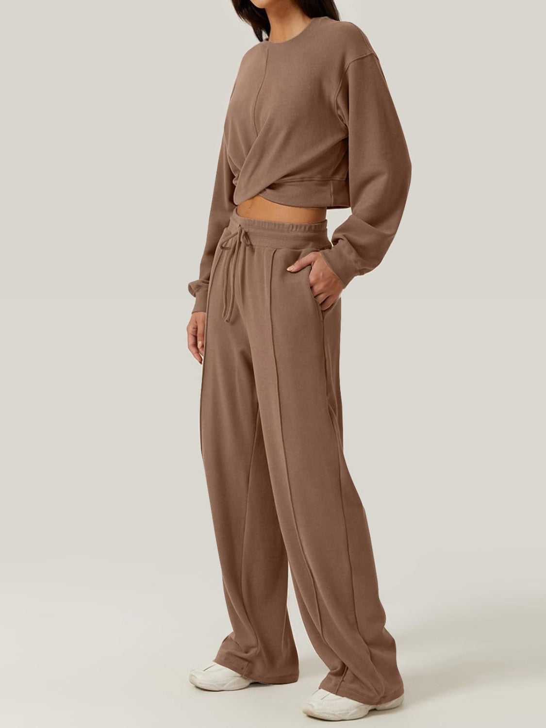 Crisscross round neck top and drawstring pants set