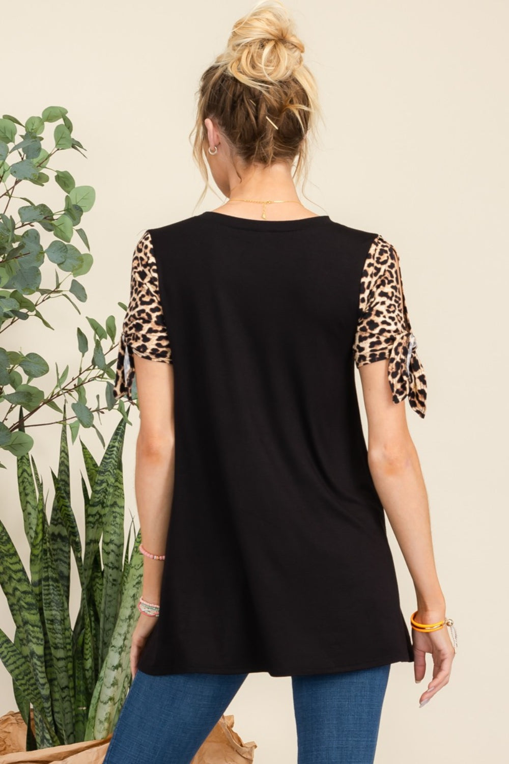 Celeste full size open tie sleeve leopard color blocked top