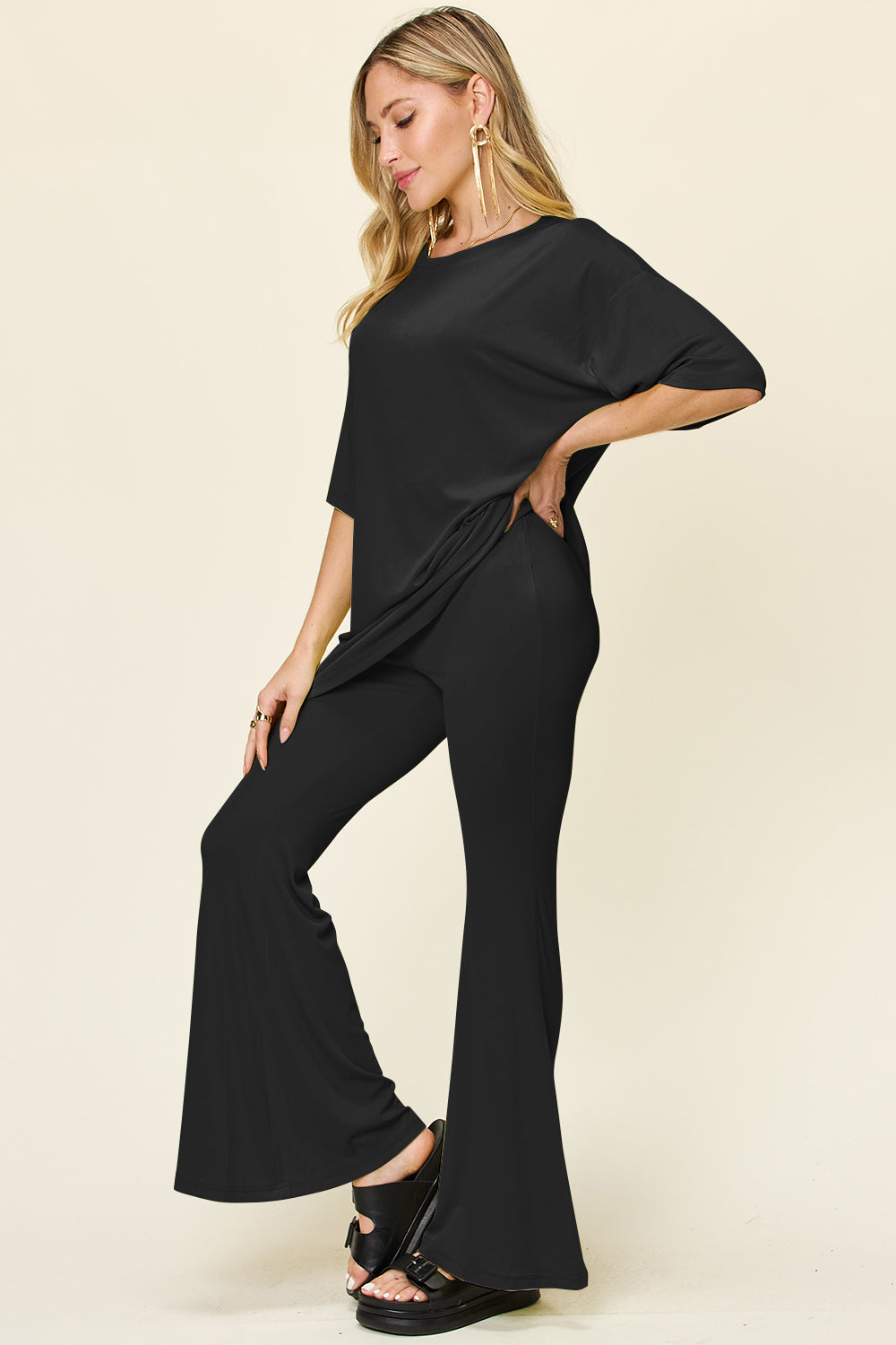 Double take full size round neck drop shoulder t-shirt and flare pants set