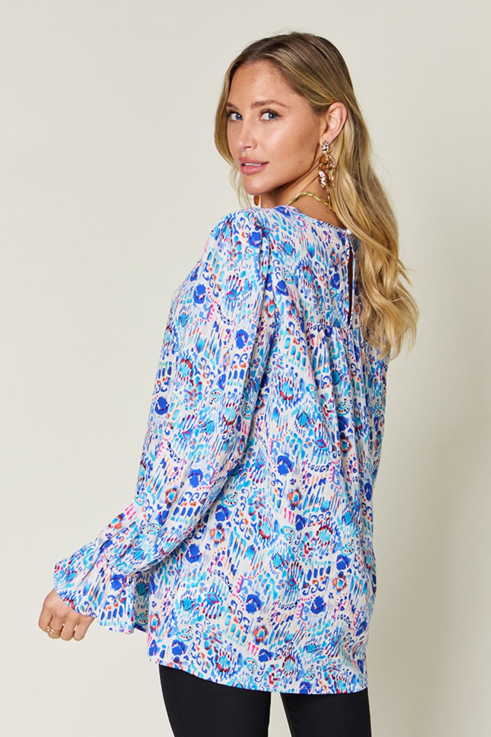 Double take full size printed flounce sleeve blouse