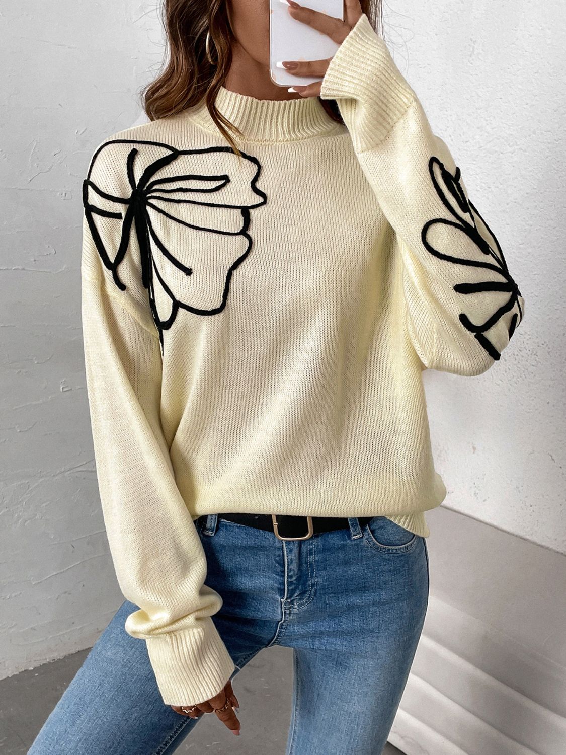 Perfee mock neck dropped shoulder long sleeve sweater - pastel yellow / s