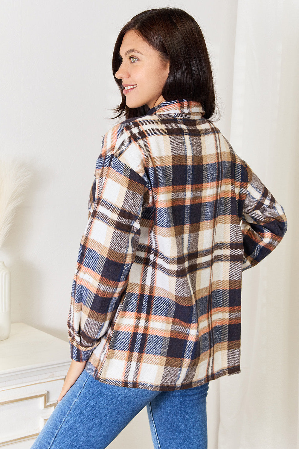 Double take plaid button front shirt jacket with breast pockets