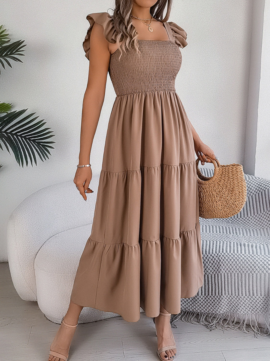 Smocked square neck cap sleeve midi dress