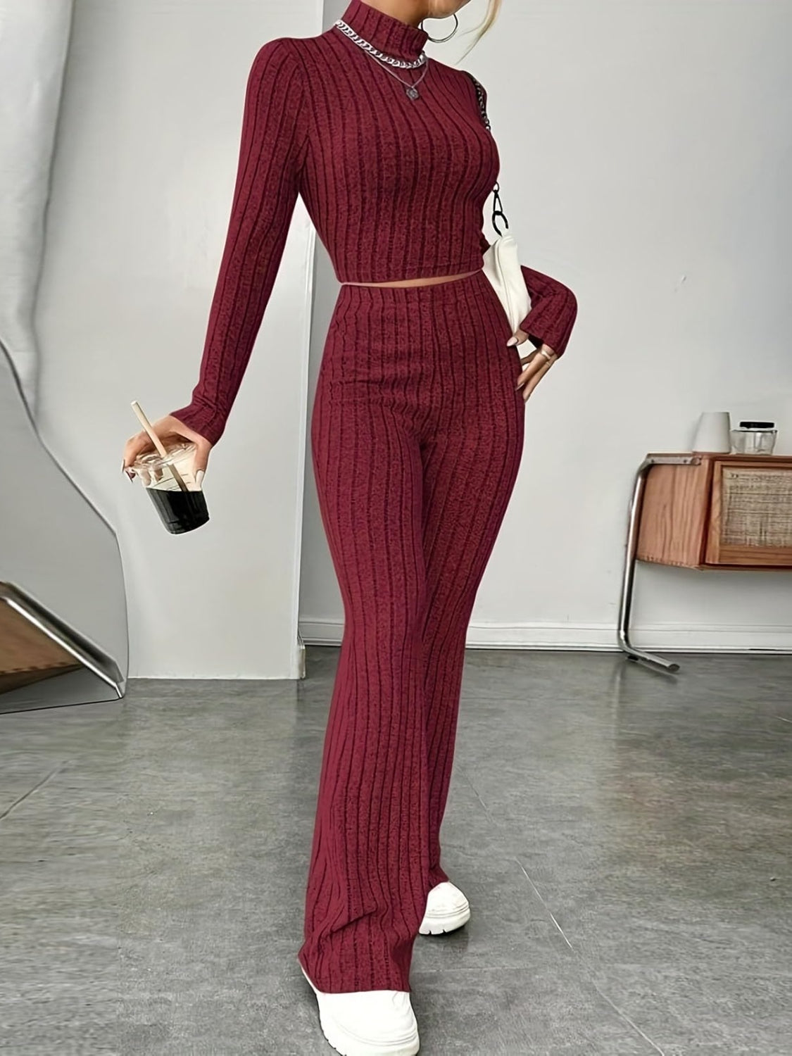 Ribbed mock neck long sleeve top and pants set