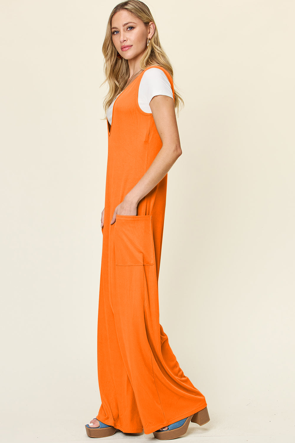 Double take full size sleeveless wide leg jumpsuit with pockets